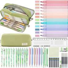 50 件莫兰迪文具套装，返校，大容量铅笔盒，6 支黑色凝胶笔，6 支莫兰迪 0.5 毫米自动铅笔，12 支彩色粉笔，便利贴，橡皮擦，尺子，可爱办公学校用品礼物，适合女性和男性，学校用品
