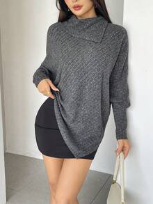 Top de Manga Longa Assimétrica de Tricô Canelado com Gola Alta e Manga Morcego, Cor Sólida, Adequada para Uso Casual, Noite, Festa de Solteiros, Viagem no Outono/Inverno