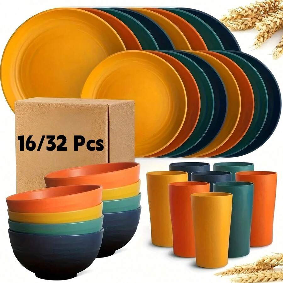16/32pcs Kitchen Wheat Straw Large Size Dinnerware Set, Service For 4/8, Unbreakable Modern Dish Set-Dinner Plate/Dessert Plate/Cereal Bowl/Cup, Lightweight Tableware, Perfect Camping And Everyday Use - Autumn Colorful - 查看 1