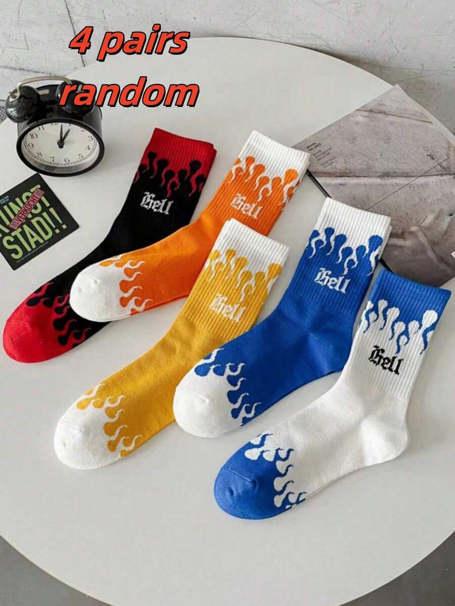 1 双/2 双/3 双/4 双男士白色火焰条纹复古简约运动中筒袜，秋季