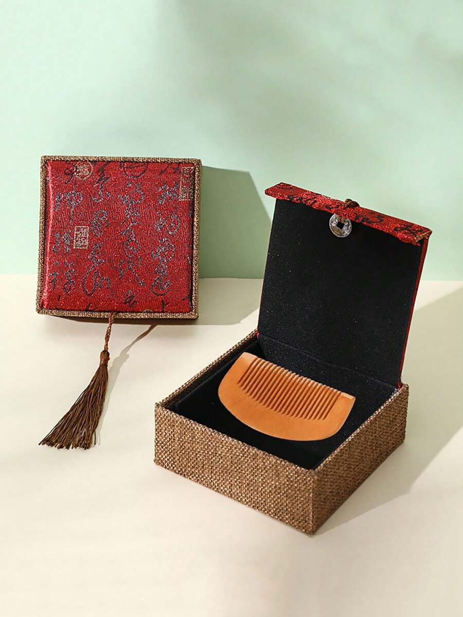 1pc Peach Wood Hair Brush, Portable Wooden Comb, Jewelry Box & Tassel Packaging Set