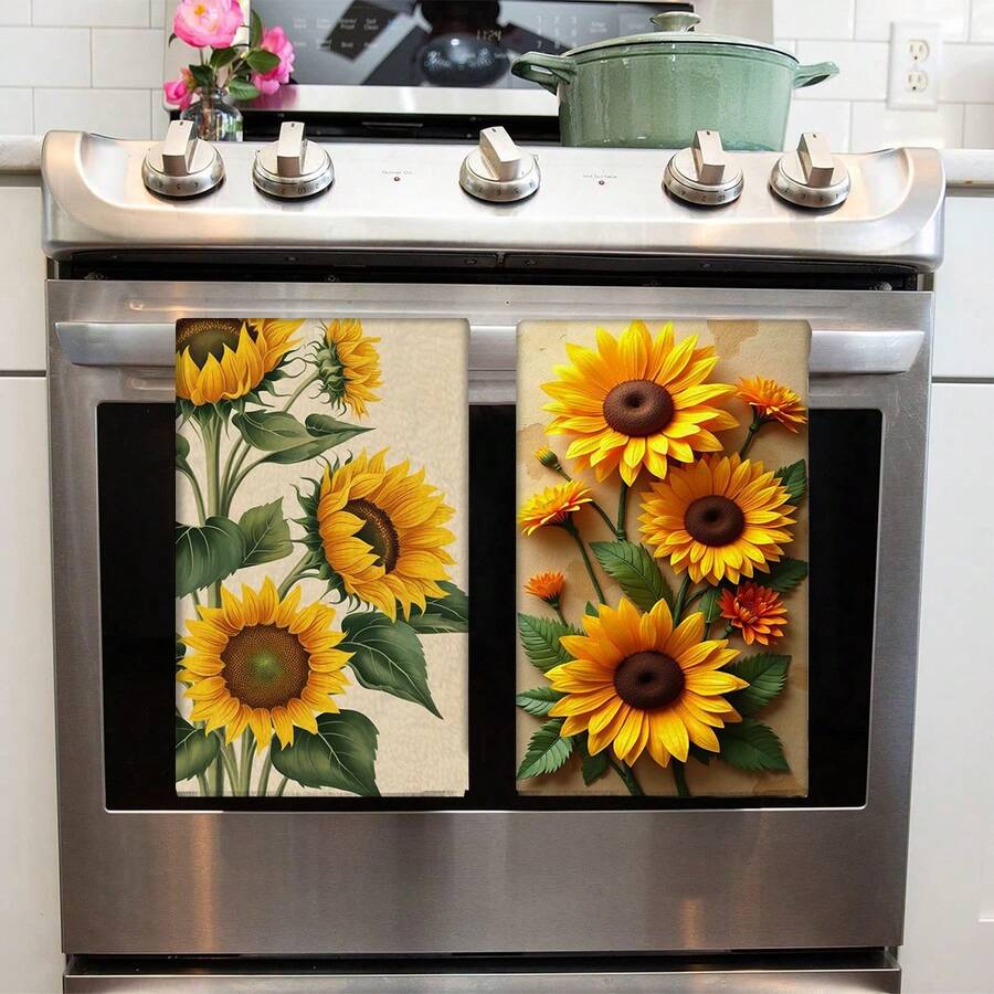 2/4pcs Sunflower Pattern Kitchen Towels, Highly Absorbent And Decorative Dish Cloths, Rags, Napkins, Suitable For Holiday Decor, Cooking, Baking, Housewarming Gifts, And Cleaning, Fit For Kitchen, Bathroom, Toilet