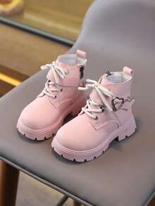 新款圆头儿童靴，休闲复古平底女童踝靴，防滑耐磨大童鞋，女童学生朋克靴 - 粉色 - 查看 2