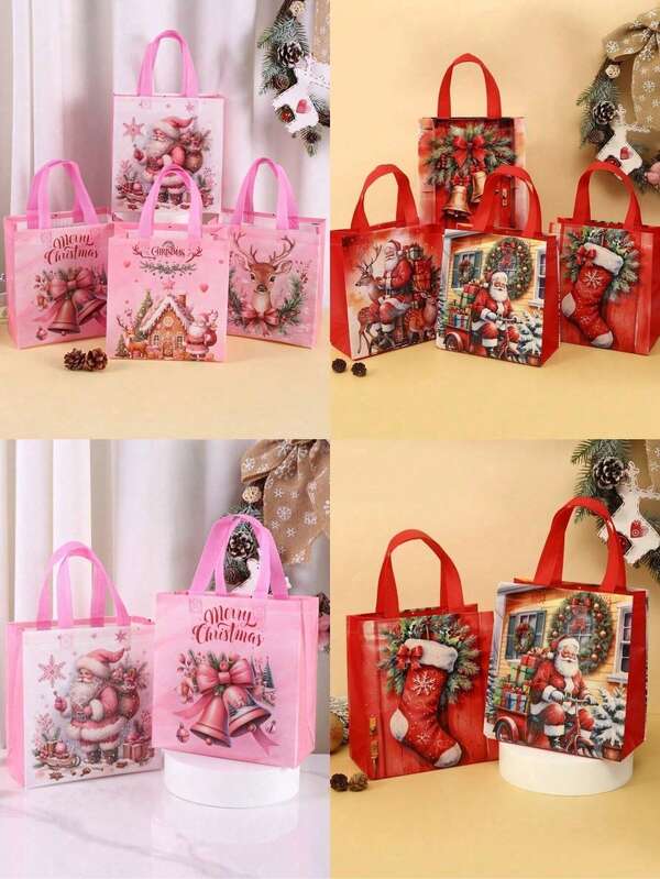 12/24 piezas Bolsas de regalo de Navidad de fieltro rosa, bolsas de tela rosa con estampado de Papá Noel, renos y casas de jengibre, bolsas reutilizables de Navidad, para empaquetar regalos de Navidad, compras, fiestas, suministros para fiestas de Navidad, decoración navideña 2025, envoltura de regalos navideños