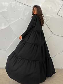 Hafizah New Fashion Flare Sleeve Solid Color Embroidered Robe With Headscarf Spring Black Fall - Black - View 3