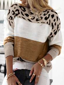 Women's Oversized Cute Colorblock Leopard Print Sweater, Casual Comfortable Ribbed Knit Crew Neck Long Sleeve Pullover Top - Multicolor - View 4
