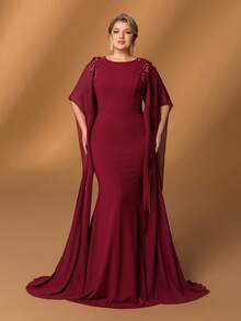 Faeriesty Mosy Plus Classic Round Neck Elegant Cape Sleeve Fish-Tail Plus-Size Mother Of The Bride Dress For Formal Weddings, Grand Galas, Lavish Evening Dinners, Prestigious Proms, And Upscale Red Carpet Events – Flattering Design For Ultimate Confidence In High-End Occasions