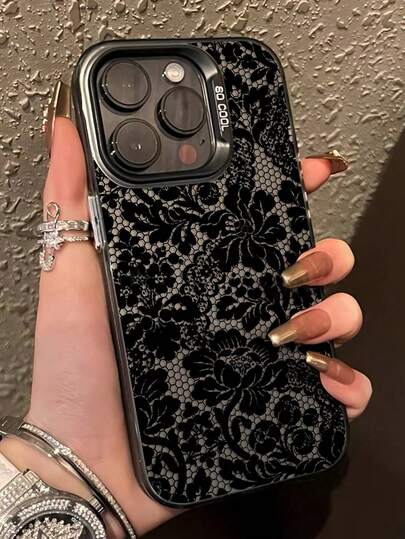 1 szt. Modny kwiatowy koronkowy graficzny artystyczny wzór kolorowy srebrny IMD antypoślizgowy czarny futerał na telefon kompatybilny z 16 ProMax/16/16 Pro/16 Plus/15/15 ProMax/15 Pro/11/12/13/14 ProMax/11 Pro/11 ProMax/12 Pro/12 ProMax/13 Pro/13 ProMax/14 Pro/14 ProMax, wysokiej klasy kreatywny 17/17 ProMax/17 Air