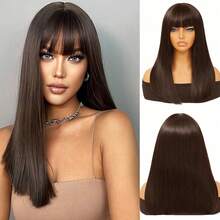 16ihch 女士长款黑色假发，带刘海，黑色长直发，黑色假发，合成假发，易于佩戴 - 彩色 - 查看 10