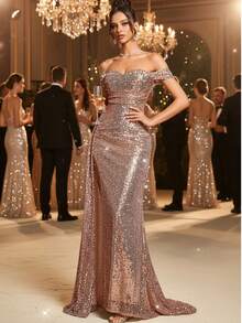 CHOSMO 新款纯色亮片优雅重工露背女装，适合婚礼、派对、生日、周年纪念、毕业派对、音乐节、鸡尾酒会、正式晚宴、摄影、舞会、舞台表演和音乐会等场合，春季第四季度 - 香檳色 - 查看 10