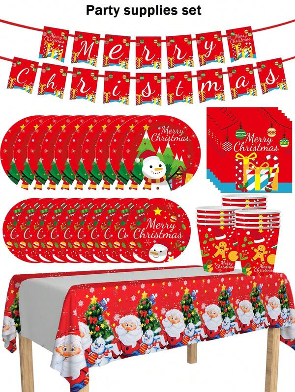[New Style] Christmas Themed Disposable Tableware Set 80/62/42 Pieces/Set, Cartoon Santa Claus Party Supplies, Disposable Party Plates, Including 7-Inch And 9-Inch Napkins, Paper Cups, Banners, Tablecloths, Suitable For 10/20 People, Theme Parties, Birthday Parties, Clubs, Birthday Decorations, Scene Decorations