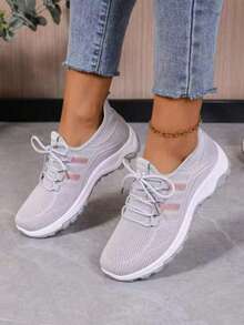 Women's Slip-On Mid-Top Casual Sports Shoes - Breathable Synthetic Cover & Mesh Upper, Vibrant Green & Orange Accents, EVA/PVC Cushioned Sole For All-Day Comfort - Versatile For Work, Running Errands & Casual Attire, Ladies Sneakers, Workwear Sneakers, Stylish Slipons, Modern Sneakers, Durable Traction, Comfortable Fit - 灰色 - 查看 1