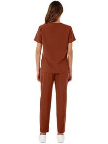 V-Neck Pocket Short Sleeve Top And Pocket Long Pants Pajama Set - Coral Orange - View 5
