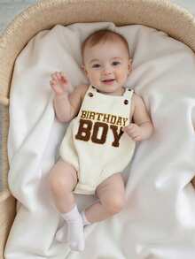 Infant Baby Boy Romper Fashionable Letters Embroidery Square Neck Sleeveless Jumpsuits - 杏色 - 查看 5
