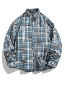 男士柔软舒适休闲蓝棕色格子长袖翻领衬衫，春秋季 - 彩色 - 查看 1