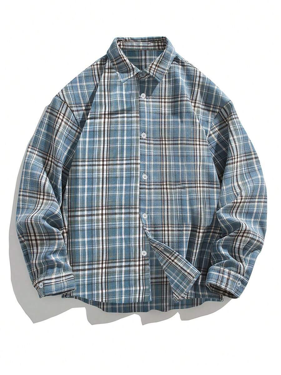 男士柔软舒适休闲蓝棕色格子长袖翻领衬衫，春秋季 - 彩色 - 查看 1