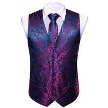 Plus Size Mens Waistcoat Purple Floral Vest Tuxedo Gilet Tie Pocket Square Cufflinks Set Wedding Formal Casual Business Party - 紫色 - 查看 3