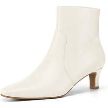 Sexy Square Toe Kitten Heel Booties For Women, Fashion Solid Color Side Zipper Ankle Boots With Faux Leather ,Comfortable Versatile Women Shoes - 奶油色PU - 查看 2
