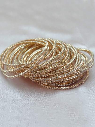 Set de 12 piezas de pulseras elásticas con rhinestones y brazaletes dorados de moda para mujer