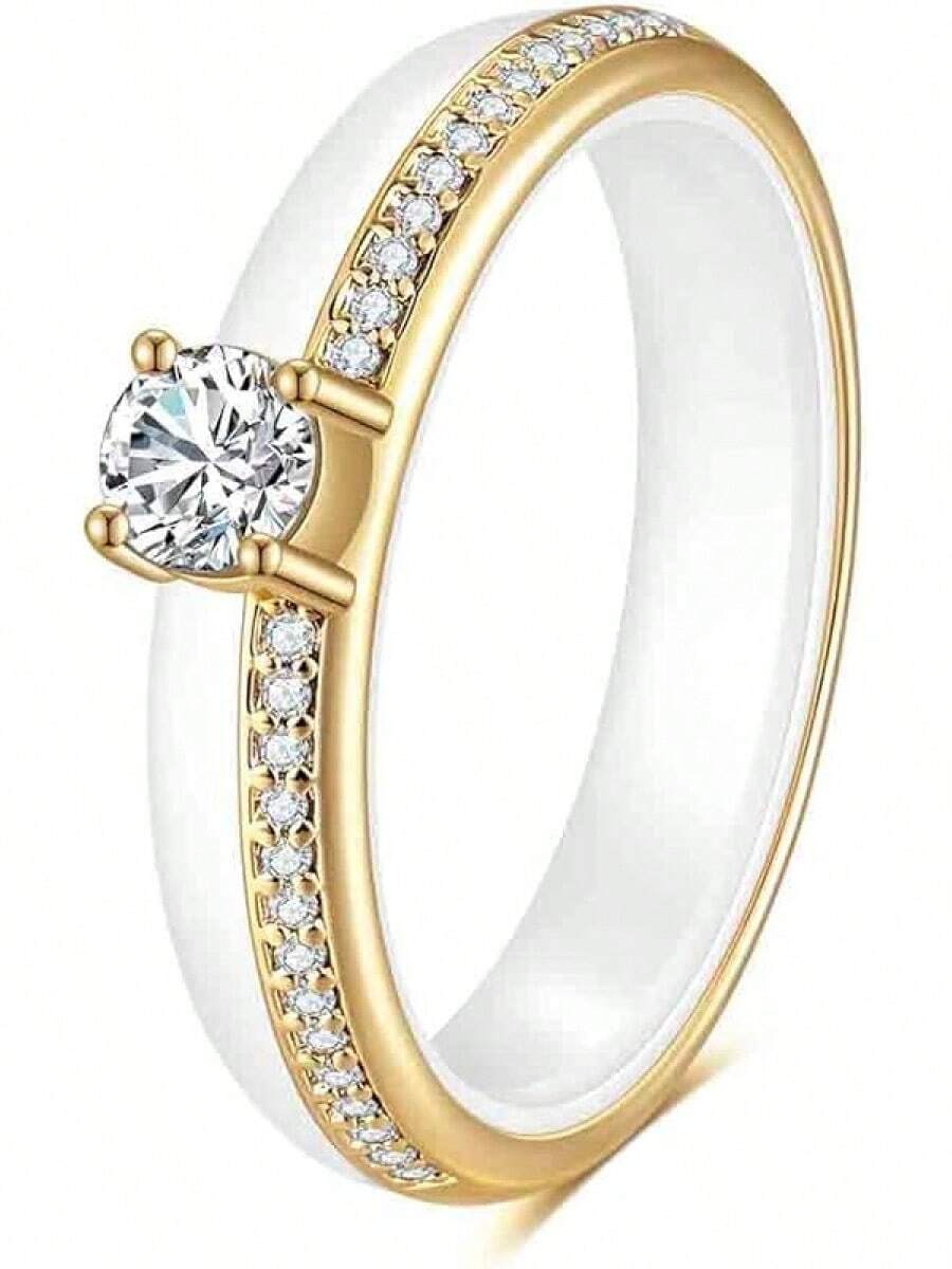 6mm White/Black Ceramic Rings Plus Cubic Zirconia For Women Comfort Fit Engagement Wedding Band Size 5-122025 - 4mm White+Gold - View 1