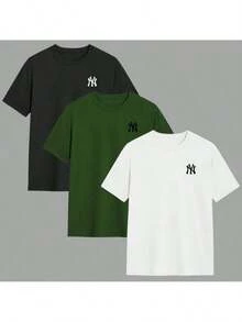Kit Of 3 Men's Round Neck T-Shirts, 30.1 Yarn Shirt, 100% Cotton Blouse, Comfortable, Immediate Shipping - 軍綠色 - 查看 1