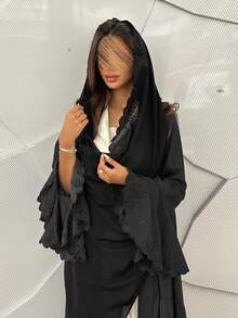 Hafizah New Fashion Flare Sleeve Solid Color Embroidered Robe With Headscarf Spring Black Fall - Black - View 5