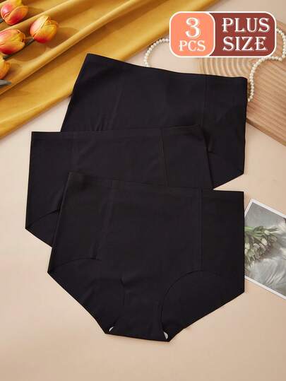 3pcs Plus Size Seamless Ribbed Breathable High Elastic Waist Hipster Briefs, Comfortable Thin Underwear For Women, Suitable For Sports & Everyday Wear