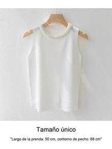 Chaleco de punto coreano de las mujeres,Top sin mangas de la llanura,Camisa de la manera de las mujeres,Casual Slim Fit Beaded Tops - Beis - Ver 4