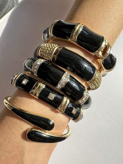 1 pulseira geométrica assimétrica em camadas de metal preto vintage da moda, joia para mulheres, outono/inverno