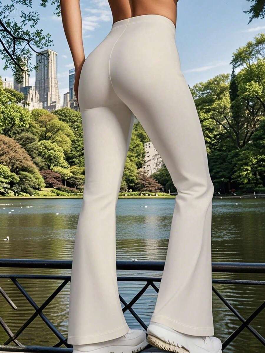 Women's Solid Color Flared Leggings, Soft & Comfortable Yoga Pants, Casual Compression Tights For Running, Workout, Spring Sports - Apricot - View 1