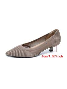 1 Pair Of Pointed Toe Shallow Mouth Women's Elastic Mesh Splicing Knitted Breathable Kitten Heel Large Size High Heel Solid Color Single Shoes For Women Suitable For Daily Leisure Office Banquet And Other Places - 深杏 - 查看 11