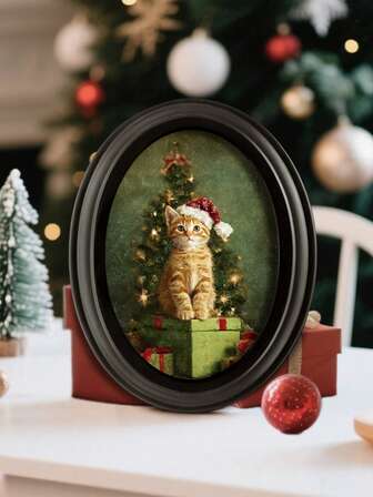 1个5x7英寸节日木质相框展示牌，圣诞风格图案椭圆/长方形桌面装饰摆件，圣诞节感恩节圣诞装饰冬季房间装饰