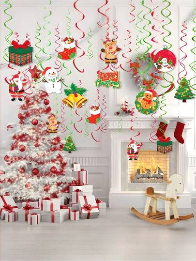 20pcs Christmas Hanging Swirls Decorations,Hanging Christmas Ceiling Tassels,Xmas Snowman Elk Sign Hanging Swirls Ceiling Decorations,For Indoor Outdoor Xmas Holiday Party Supplies,Christmas Tree Xmas Holiday Party