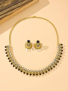 3pcs/Set Elegance Faux Pearl Pendant Luxury Colored Rhinestone Bollywood StyleJewelry Set Suitable For Ladies' Banquets Weddings Wear