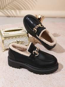 2024 New Women's Retro Style Loafers, Black PU Leather Loafers With Gold Chain Decor, Faux Lined Warm Shoes, Thick Sole Comfortable Non - Slip Wear - Resistant Rubber Sole, Fashionable Versatile Daily Wear Shoes, Easy - To - Match Indoor Outdoor Casual Shoes, Popular Must - Have Item For Daily Outfits, Parties, Street Style - Black - View 5