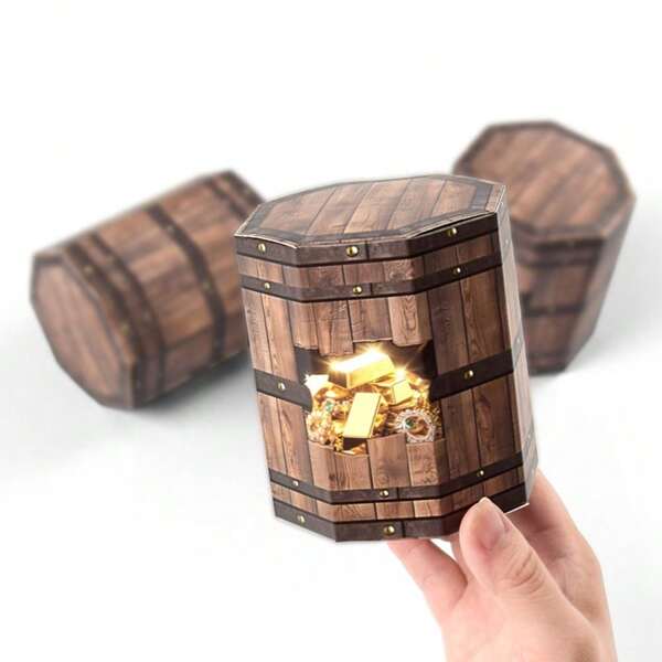 5 pezzi Scatole di legno a forma di barile esagonale dorate, scatole regalo pieghevoli divertenti e creative per Ognissanti