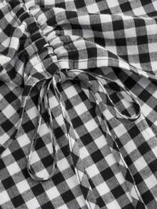 女士法式格子休闲口袋荷叶边抽绳双面半身裙，适合约会和海滩