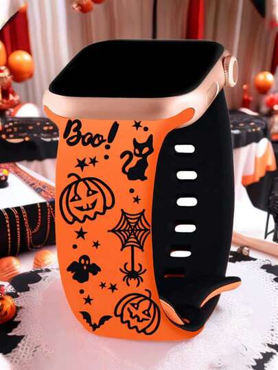 Halloween Pumpkin & Bat Carving Patterns Strap Compatible With Apple Watch Band Ultra SE/10/9/8/7/6/5/4/3/2/1 Perfect Gift For Women Skin-Friendly Silicone Replacement Watch Band Compatible With Iwatch Ultra 38mm 40mm 41mm 45mm 44mm 42mm 46mm 49mm (Watch Not Included)