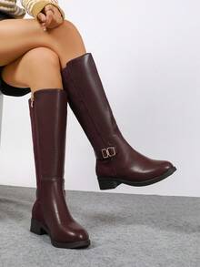 女士新款酒红色仿皮绒面拼接基本款侧拉链设计经典圆头舒适不紧绷高筒修身显腿型保暖内衬秋冬保暖平底时尚马靴/过膝靴，适合秋季、派对等场合 - 酒紅色 - 查看 6