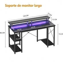 Computer Desk, Gaming Desk With LED Lights And Power Outlets, Office Desk With Monitor Stand And Storage Shelves, Home Office Desk - Black - View 8