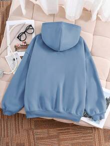 Nuova collezione autunno/inverno, felpa con cappuccio casual retrò e minimalista per ragazzi, oversize con spalle a caduta, morbida e confortevole, con stampa grafica carina e stilosa di lettere e nomi di città, abbigliamento casual da strada - Blu denim 2 - Visualizzare 2