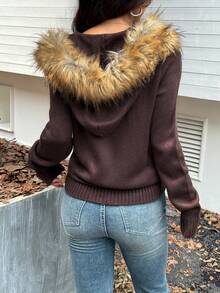 Y2K Casual Street Style Commuting Solid Color Zipper Hooded Patchwork Wool Collar Wool Cardigan Jacket, Suitable For Christmas & Autumn - Brown - View 2