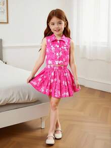 3 件女童夏季时尚服装套装：玫瑰红色翻领背心 + 白色罗纹吊带背心 + 玫瑰色百褶裙，时尚可爱的休闲套装 - 白色 - 查看 3