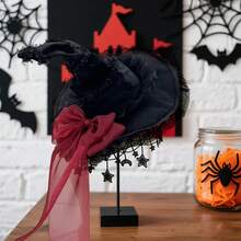 Women Halloween Gothic Witch Hats Lace Bow Personality Pointed Cap Cosplay Wizard Caps - Red - View 3