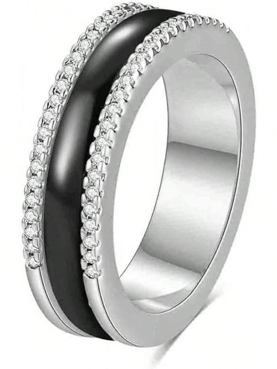 6mm White/Black Ceramic Rings Plus Cubic Zirconia For Women Comfort Fit Engagement Wedding Band Size 5-122025 - 6mm Black+Silver - View 1