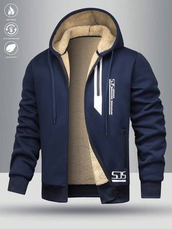 Men's Hooded Zip-Up Jacket, Casual Solid Color Thermal Lined Outerwear, 100% Polyester Long Sleeve With Slight Stretch, Regular Length, Autumn/Winter Zip-Closure Knit Fabric Jacket, Thick