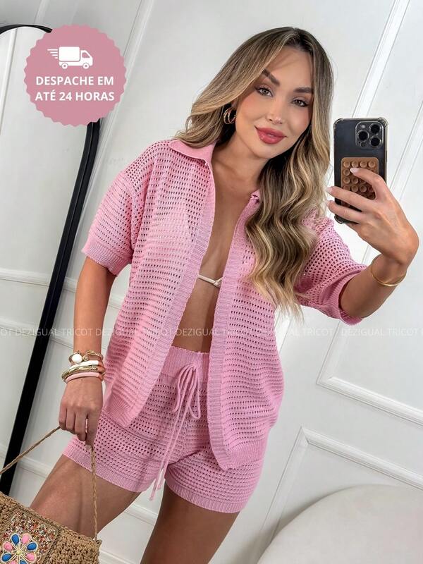 Saída De Praia Shorts e Chamise Conjunto Feminino Moda Praia Look Praiano Rosa