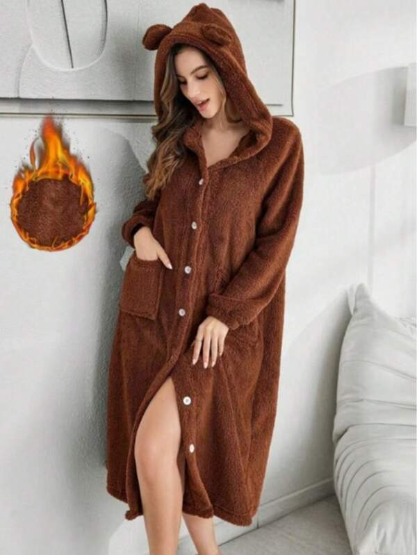 1 pieza Bata con capucha con orejas de animal de peluche para mujer, pijama de lana de invierno de manga larga para otoño-invierno, bata suave y cálida de peluche, perfecta para niñas jóvenes y estudiantes, un regalo cómodo para cumpleaños, vacaciones, parejas/mejores amigos