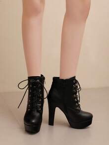 High Heel Princess Shoes, Thick Heel Leather Lace-Up Sexy Waterproof Platform Ankle Boots, Autumn/Winter New Style - Black PU - View 4