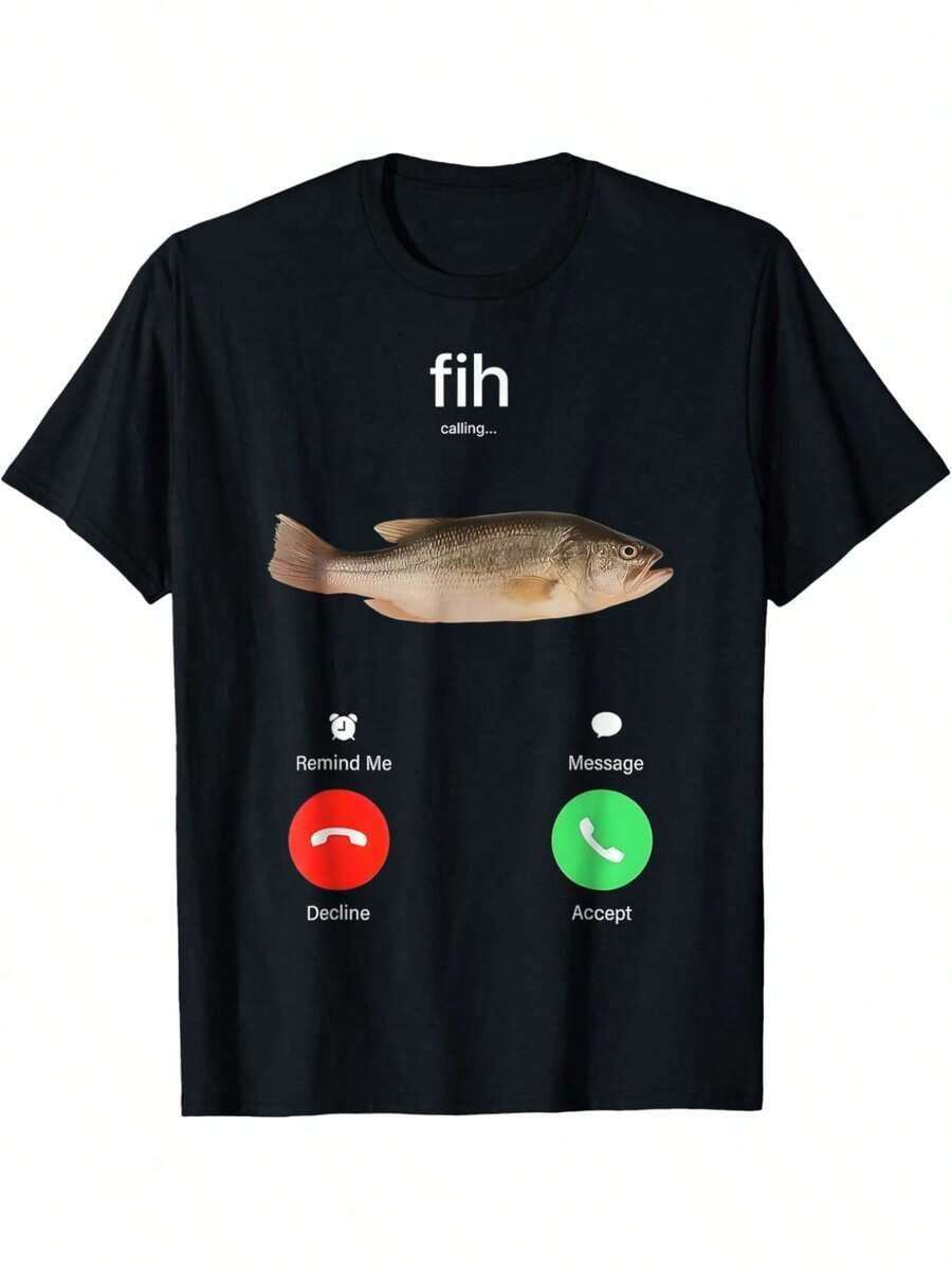 Camiseta de Pescado con Mensaje de Recordatorio de Llamada, Rechazar, Aceptar Llamada - Negro - Ver 1